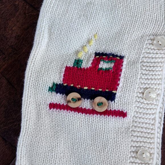 Grandma Nes Boys 6 Month Hand Knit Outfit Cream Trains Romper - Picture 6 of 8